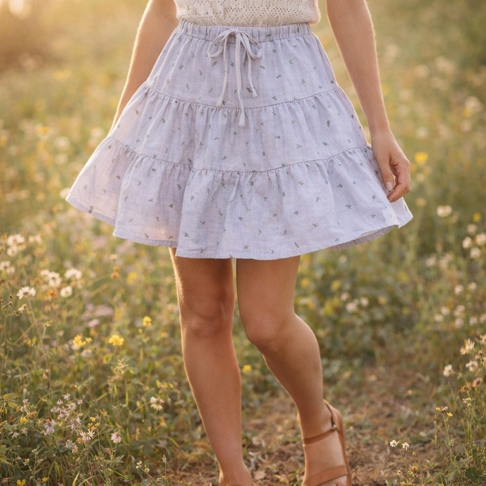 Cotton On Haven Tiered Mini Skirt US 6 Blue Ditsy Floral Linen Blend Boho